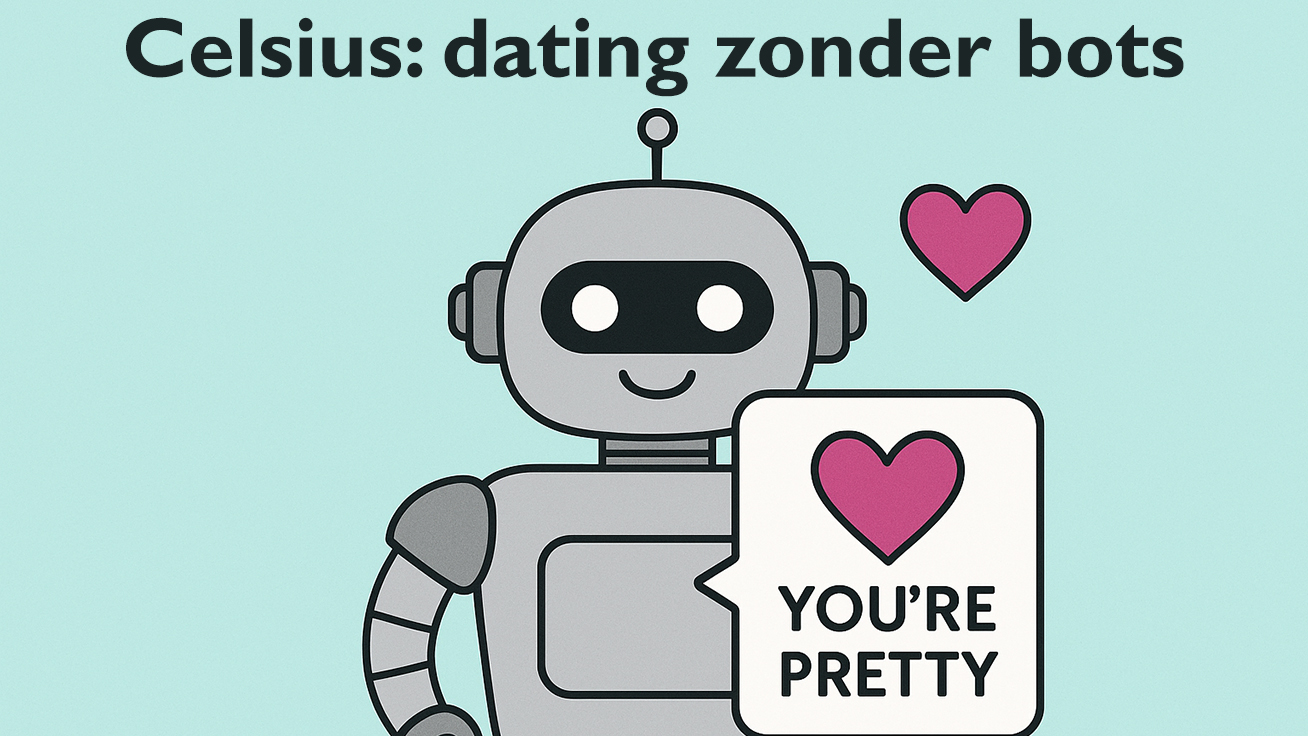 Een robot die zegt 'you are pretty' met een titel die stelt dat Celsius zonder bots is